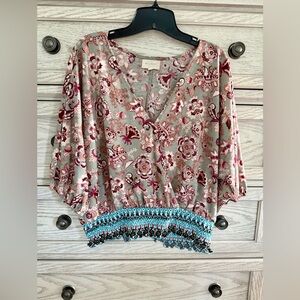 MELLODAY V-Neck Multicolor Floral Paisley Blouse Peasant Top